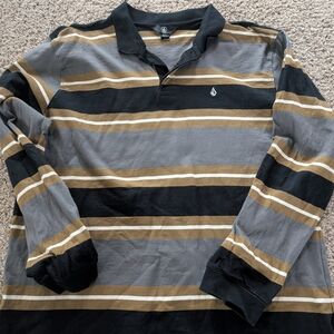 Volcom Black and Gray Polo Shirt Classic Striped Design